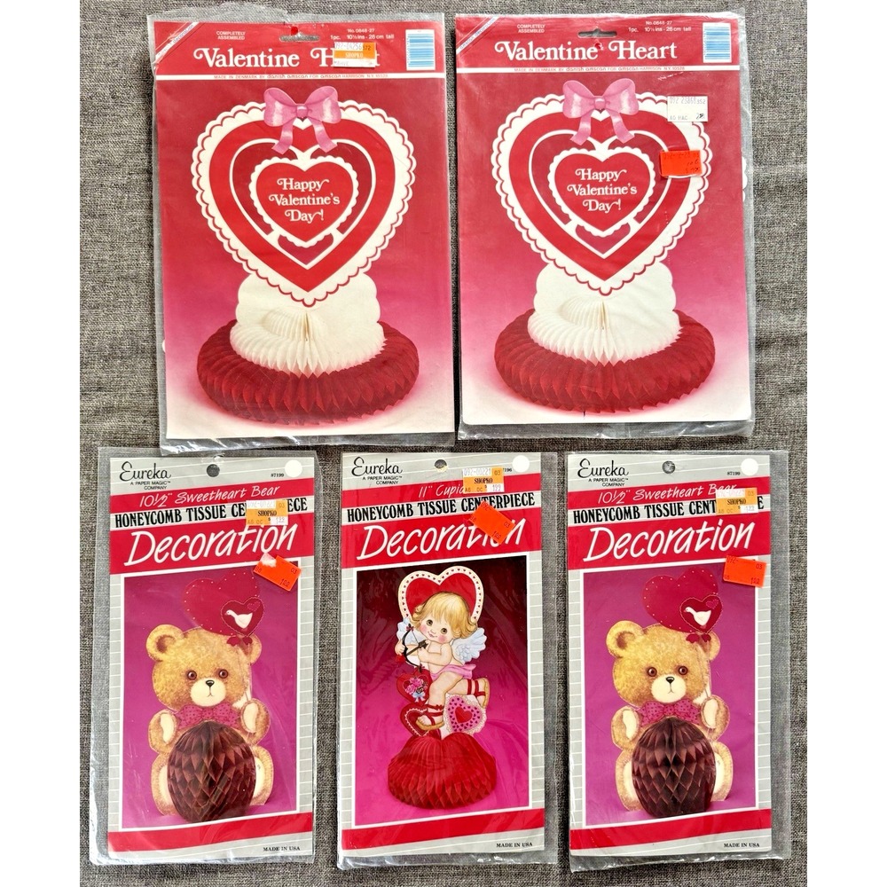 Vintage Valentine Honeycomb Centerpieces Tissue Lot of 5 Eureka Cupid Bear Heart